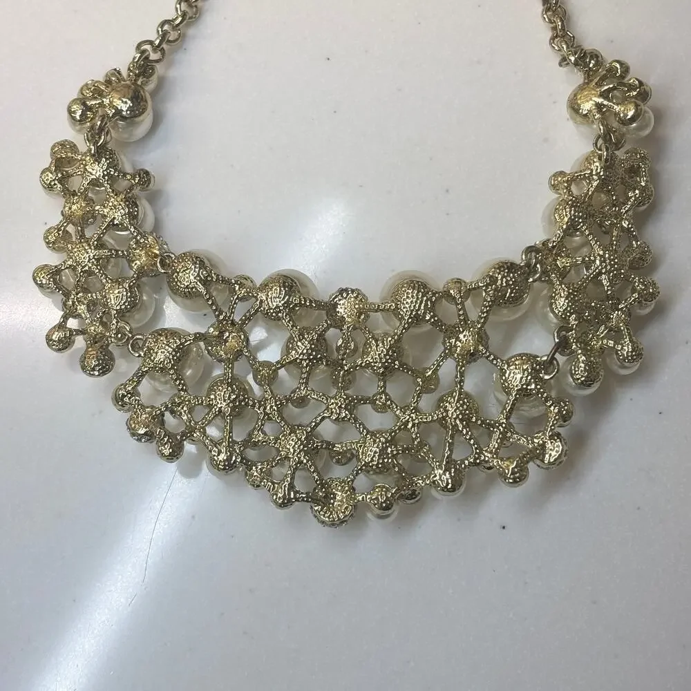 Faux Pearl Rhinestone Statement Bib Necklace Gold Sparkly Old Hollywood 18